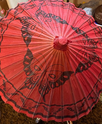 Exquisite Butterfly Bamboo & Rice Paper 1900s Asian-Style Red Parasol Umbrella - Picture 9 of 15