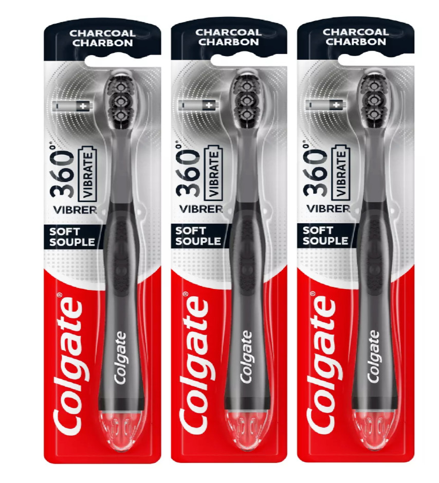 360 Vibrate Charcoal Battery Operated Toothbrush 3 Pack