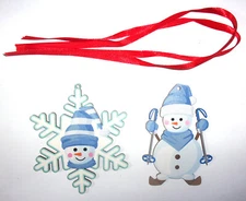 2) wooden Christmas ornament gift tag Snowman head snowflake & holding ski poles