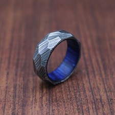 Faceted Damascus Steel Ring with Blue Interior  Rustic Men  s Wedding Band
