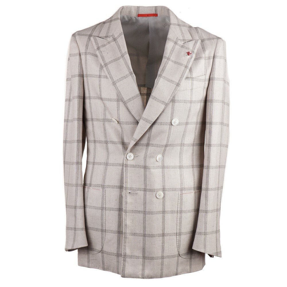 Isaia Cream Windowpane Check Silk-Linen-Wool Sport Coat 38R (Eu 48