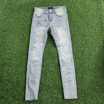 THRT Jeans Mens 30x30 Atlantic Slim Tapered Distressed Patched Stitched Thrashed