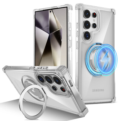 For Samsung S26 Ultra S25+ S22 Enhanced Corners Magnetic Ring Stand Clear Case