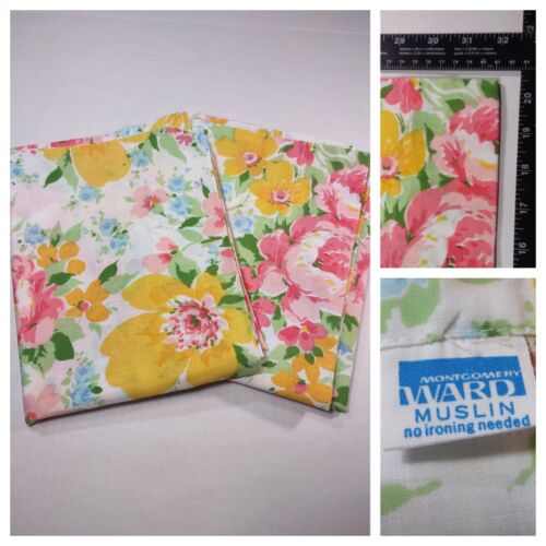 Vintage Set Of 2 Pillowcases Standard Queen Size Floral Muslin Montgomery Ward