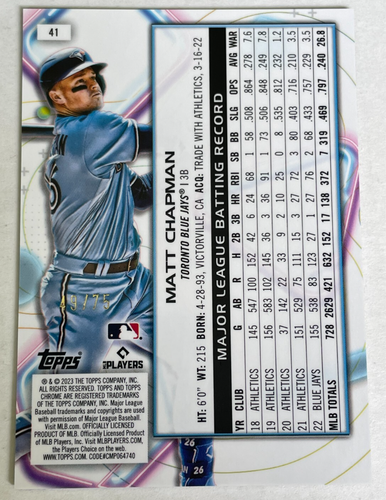 2023 Topps Chrome Cosmic Matt Chapman #41 Green Space Dust Refractor #49/75 - Picture 2 of 2