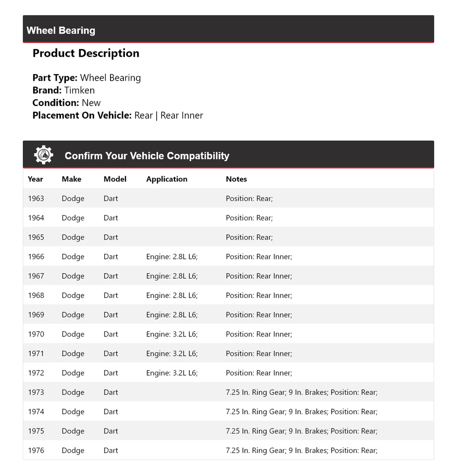 Cojinete de rueda para Dodge Dart 1963-1976 Timken 1964 1965 1966 1967 1968 1969 1970 Foto 2 de 4