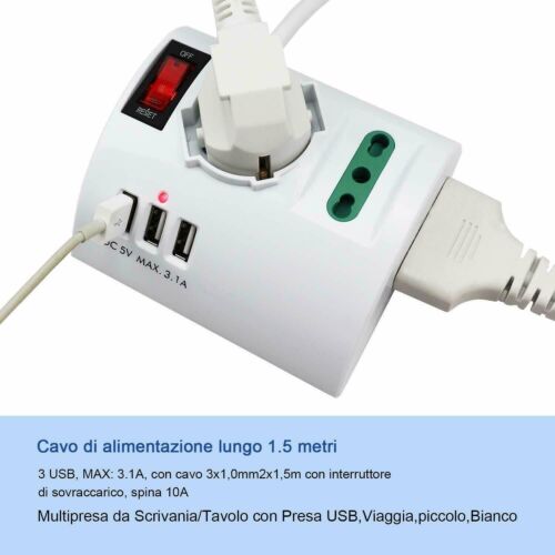 ciabatta Multipresa da Scrivania Tavolo con Presa 3 Prese 3 USB e interruttore - Foto 4 di 7