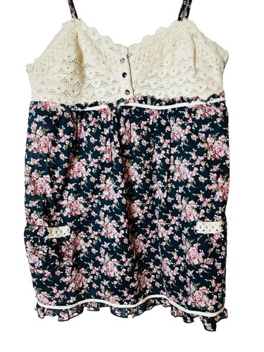Vintage Xhilaration Floral Crochet Babydoll Top Cottage Y2K Boho Size Large - Picture 3 of 7