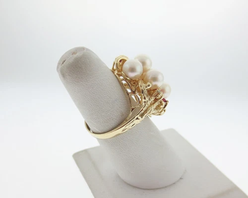 Cultured Pearls Diamonds Rubies Solid 14k Yellow Gold Cluster Cocktail Ring   - Image 4 of 4