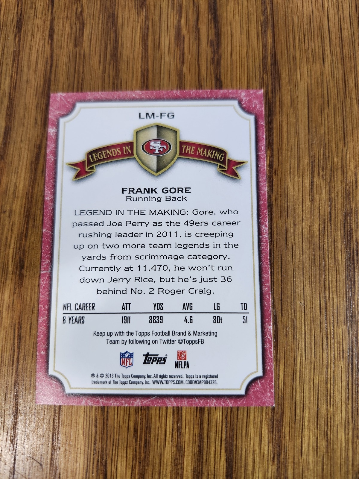 Red Insett 2013 Topps Frank Gore Legends in the Making Insert #LM-FG 49ers ...