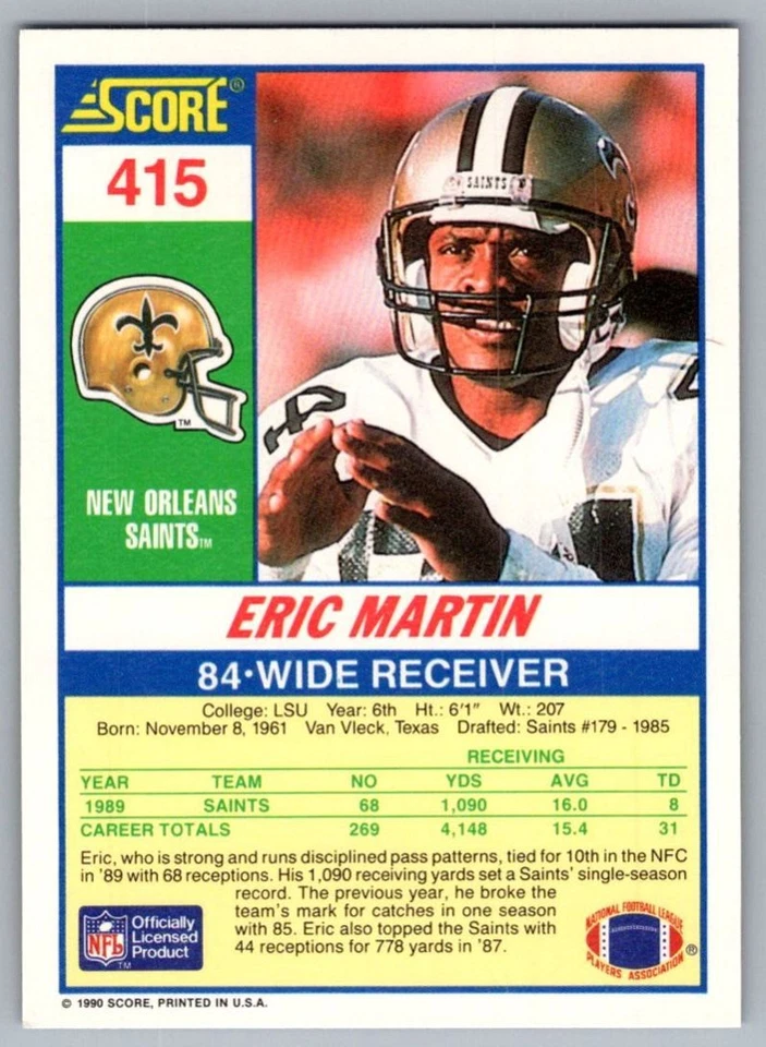 1990 Score Eric Martin New Orleans Saints #415 - Image 2 of 2