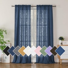 Navy Blue Semi Sheer Curtains 96 Inches Long 2 Panels, Light Filtering Geomet.