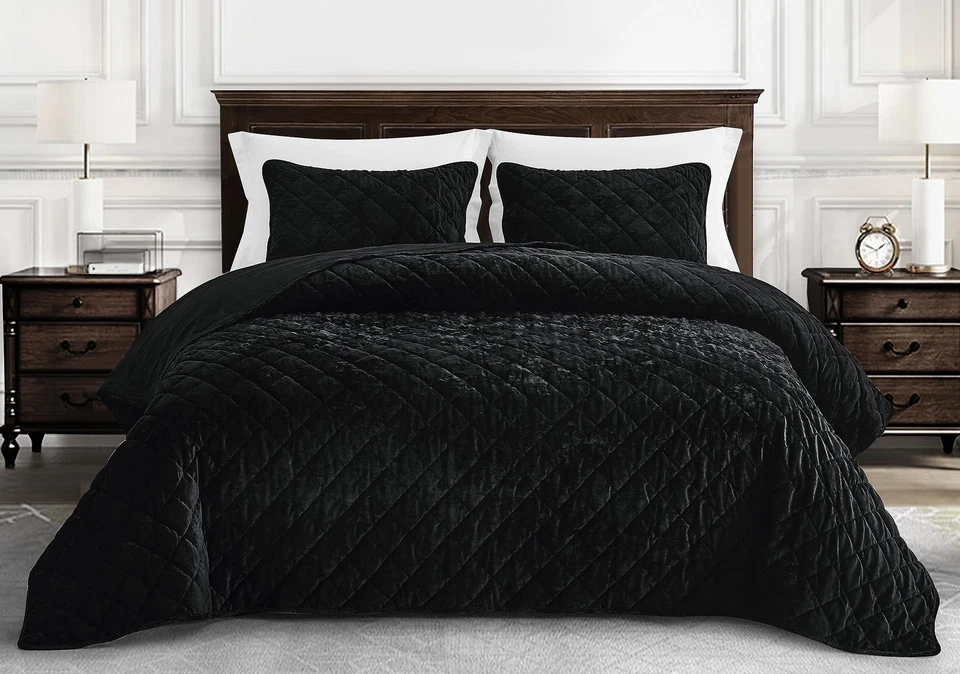 Lux Black Velvet Quilt Queen Set, 3-Piece Lush Plush Distressed Velvet Beddin... - Image 2 of 4
