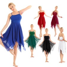 Womens Elegant Lyrical Ballet Dance Dress Asymmetric Mesh High-Low Dance Costume