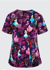 Disney- "Alice In Wonderland" Purple Plum V-Neck Scrub Top Tooniforms Size Sm 