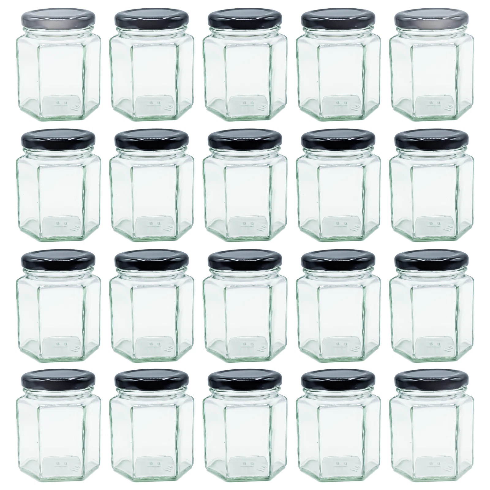 20 x 110ml 4oz Hexagonal Glass Jars with Black Lids – Airtight Storage Preserves