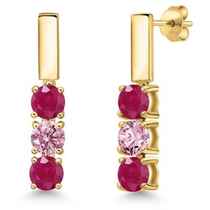 Authentic 1.60 Ct Red Ruby Pink Lab Grown Diamond 18K Yellow Gold Plated Silver Earrings
