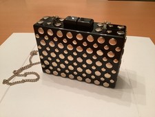 Zara Black Plastic Cosmic Gold Studded Minaudière Box Bag with Gold Chain Strap.