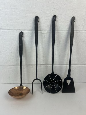 Hand Forged Set Of 4 Kitchen Tools Utensils Ladle Skimmer Spatula Fork