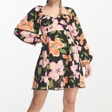 ASOS Design Floral Mini Black Pink Orange Long Sleeve Romantic Cottagecore US 0