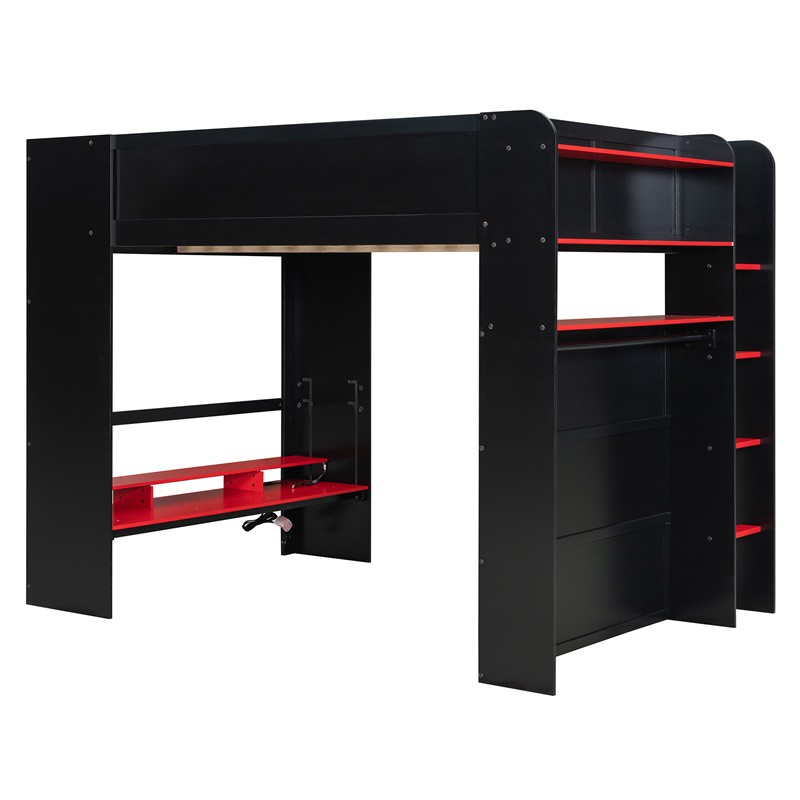 Full Size Wood Gaming Loft Bed w/Height-Adjustable Desk,Open Wardrobe ...