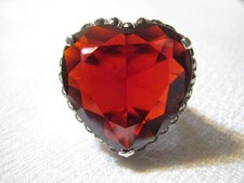 HUGE 1  1/8" GARNET GLASS MARCASITES HEART STERLING SILVER RING - SZ 8 - 17.7 GR
