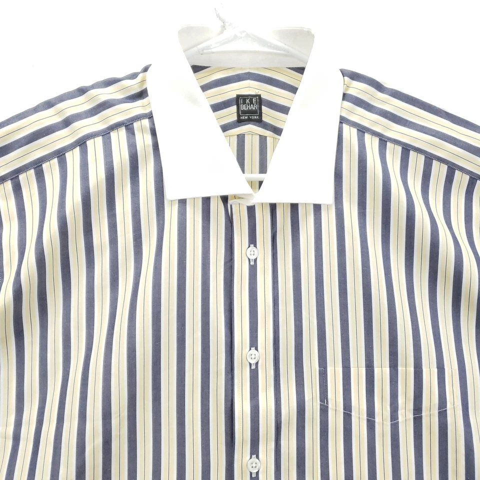 Ike Behar Dress Shirt Mens 18 34 Blue White Yellow Striped Classic Pocket Cotton - Image 3 of 4
