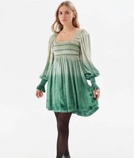 Urban Outfitters Small Isobel Smocked Velvet Mini Dress Ombre Dye Green