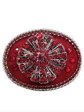Vintage Red Rhinestone Western Belt Buckle Silver Tone Rodeo Cowgirl Glam