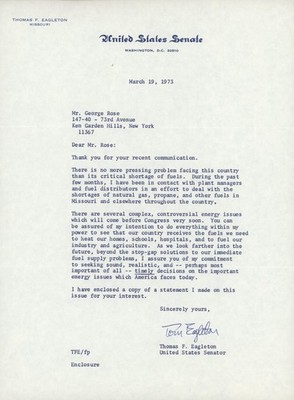 Missouri Senator Thomas F. Eagleton Signed Letter re: Fuel Shortages