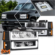 For 94-00 GMC C/K Pickup Suburban Yukon U-Shape LED DRL Headlights Black/Amber