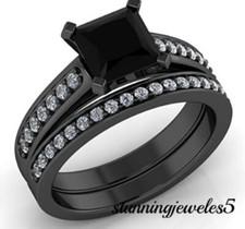 3CT Princess Cut Genuine Onyx Engagement Wedding Ring Set 14K Black Gold Finish
