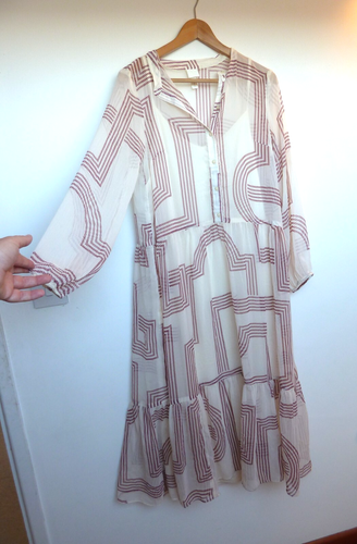 H&M cream dark red GEOMETRIC BOHO tiered MESH maxi dress Size 10