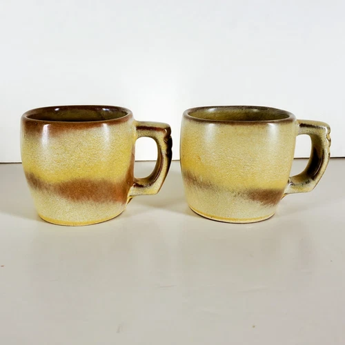 Vintage Frankoma Plainsman desert gold beige set of 2 cups mugs 3in tall USA