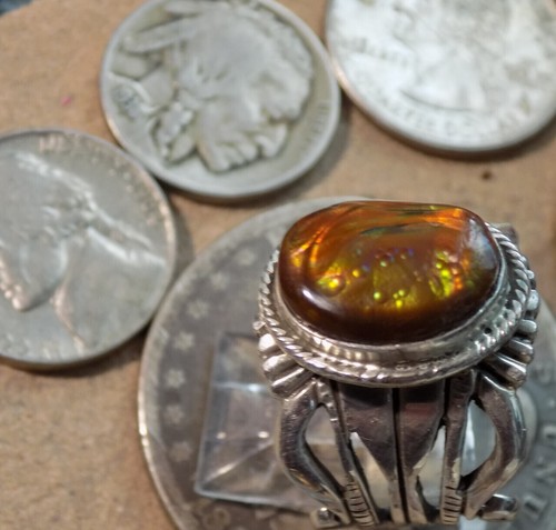 New Fire Agate Sterling Silver Unisex Ring by Navajo Russell Sam Size 8 - Picture 9 of 12