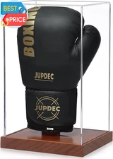 Boxing Glove Display Case, Clear Acrylic Showcase with Wood Base & Plank for Sin