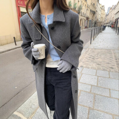 Korean Style Womens Single Breasted Woolen Mid Long Coat