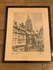 Oscar Schenk “Frankfurt” Vintage Etching Print 14" x 17" Frame