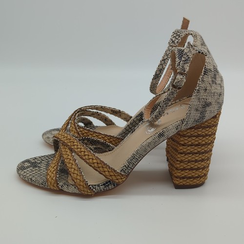 Very G Sandals Womens 8 Slither Raffia Strappy High Heels Snakeskin Beige Fabric - Picture 3 of 9