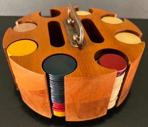 VINTAGE WOOD POKER CHIP CAROUSEL WITH 177 CLAY CHIPS