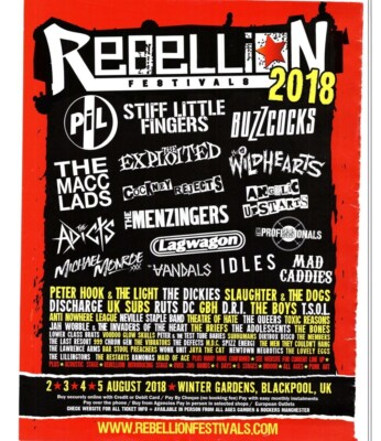 (VBKH) WERBUNG 11X9'' REBELLION FESTIVAL 2018 STEIFE KLEINE FINGER. BUZZCOCKS, PIL