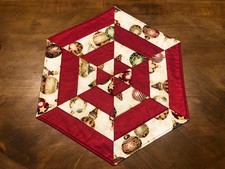 Handmade Reversible 17.5" Quilted Table Topper Red Ornament Patchwork Christmas