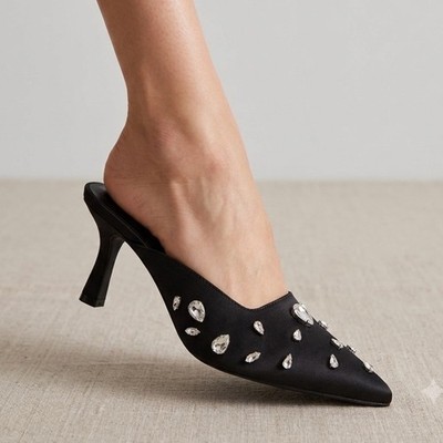 A New Day Women Black Satin Rhinestone Pointed Toe Kitten Heel Mules Size 10 NEW