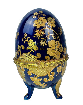 Vintage Limoges Style 24K Porcelain Egg Trinket Box Cobalt Blue Floral Gold