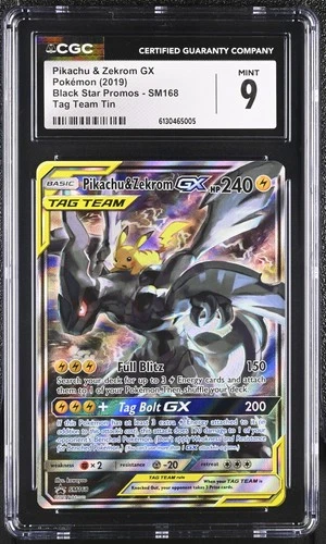 2019 PM SM Black Star Pikachu & Zekrom GX Promo Tag Team Tins FA #SM168 CGC 9