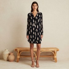 Artsy Knee Length Dress Black Beige Abstract Silk Collared Long Sleeve XS