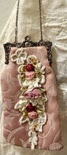 Vintage Pink Floral Mini Evening Bag purse Wedding Ribbon Embroidery Kiss Lock