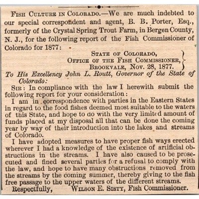 Fish Culture In Colorado Report BB Porter Bergen City NJ 1878 Clipping SAI4-M7