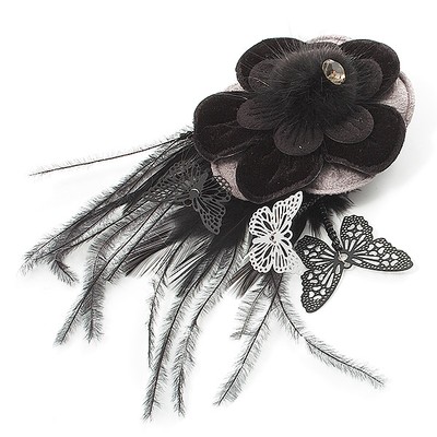 Schwarze Feder Blume und Schmetterling Stoff Haarspange/Brosche (Laufsteg - 2014)