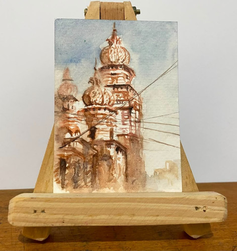 ACEO Original Watercolor Painting Temple Architecture Cityscape Miniature OOAK